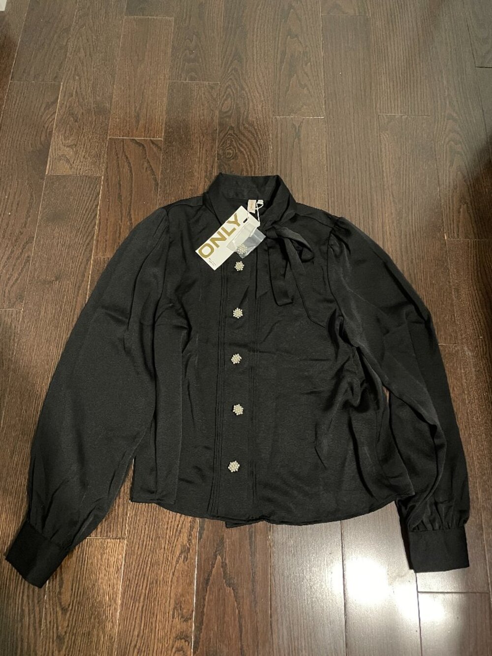 ONLY Black Satin Blouse with Pearl Buttons